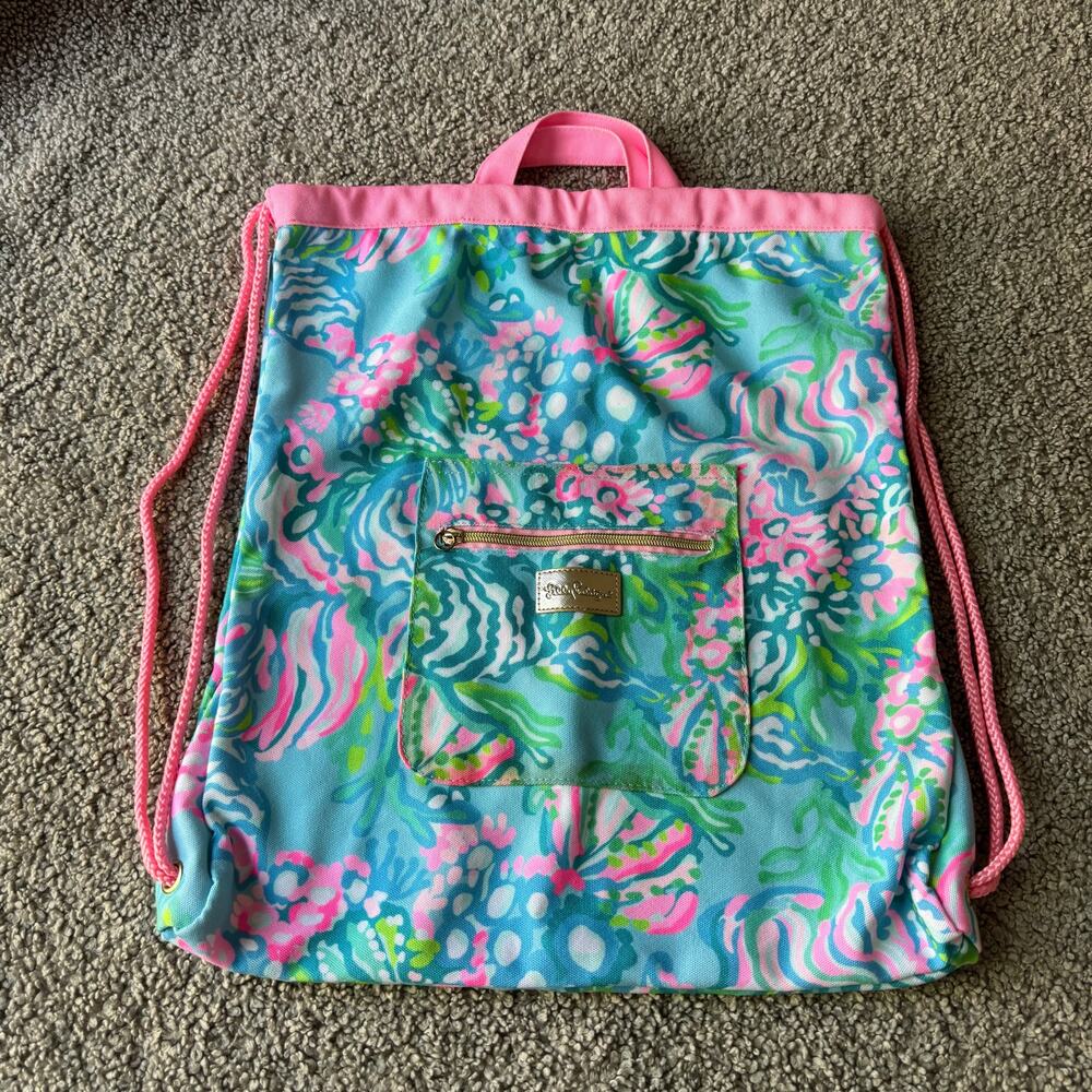Lilly Pulitzer Aqua La Vista Drawstring Bag Backpack Pink Blue Floral
